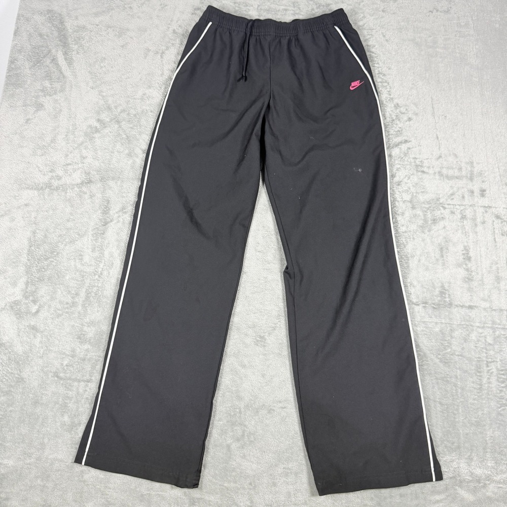 Nike Women M Black Pink Track Pants Side Stripe Straight Leg Y2K